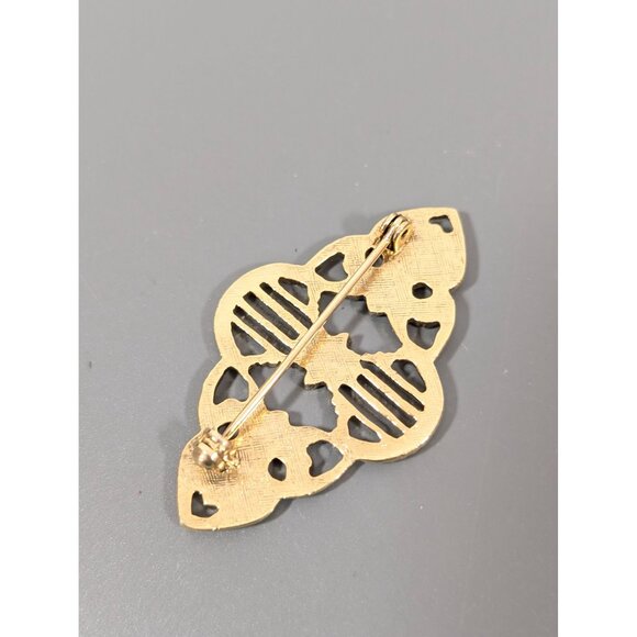 Vintage Gold-Tone Floral Brooch Pin With Filigree Detailing & Flower Accents - Picture 4 of 6